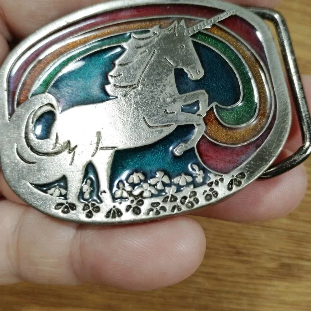 Vintage Unicorn Belt Buckle Rainbow Lucky Clovers Fantasy Magical Mystical